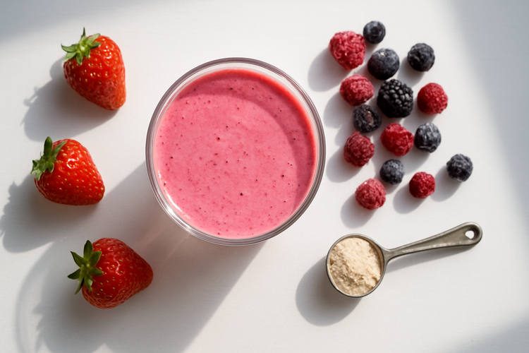 Glass of pink berry smoothie with fresh strawberries, mixed berries, and a spoon of protein powder.