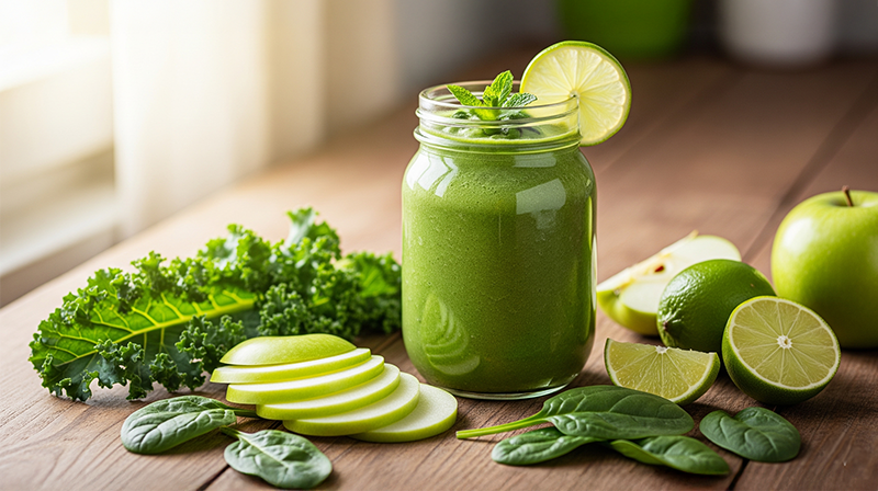 Green smoothie in a jar with lime, apple slices, spinach, and kale on a wooden table.