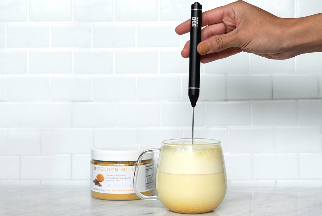 310 Golden milk with a mug of smoothie blended using 310 frother