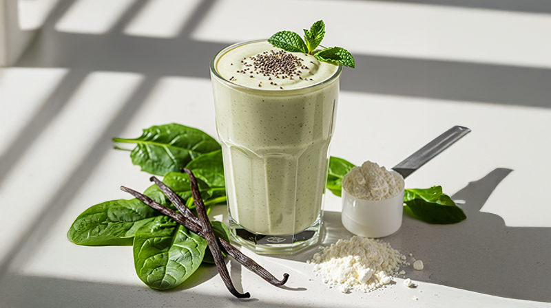 Green vanilla smoothie with chia seeds and mint, surrounded by spinach, vanilla beans, and powder.