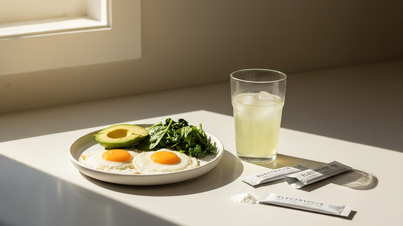 Opened packets of electrolyte powders on a white table next to a glass filled with a drink mix. A plate of eggs, greens, and avocado sit beside while soft lighting come from a window nearby.