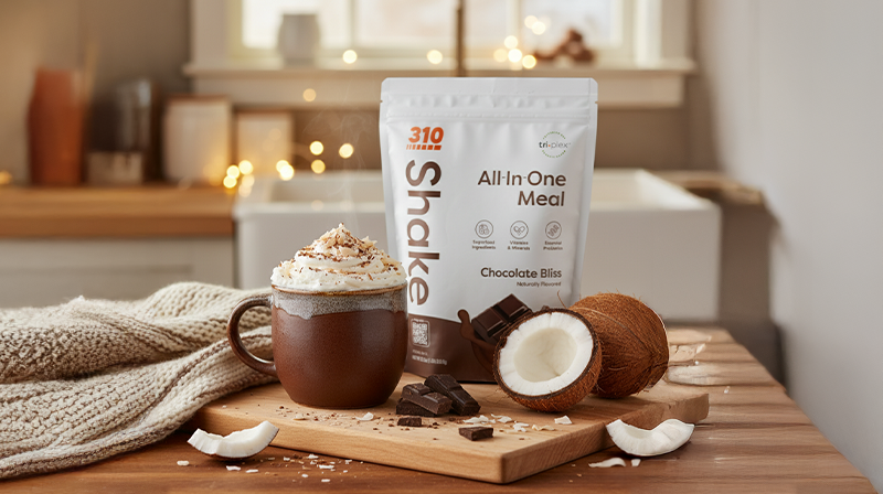 Hot chocolate shake with whipped cream, surrounded by coconut, chocolate pieces, and shake mix.