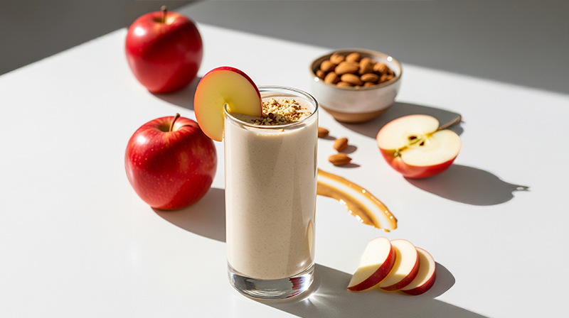 Almond apple smoothie with apple slice garnish, surrounded by fresh apples, almonds, and caramel.
