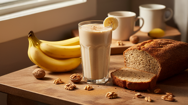 Banana bread shake in a glass with banana slice garnish, surrounded by bananas, walnuts, and bread.