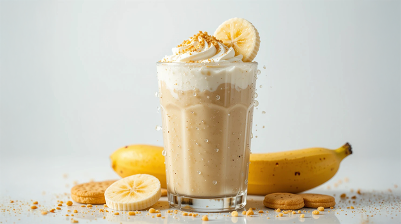 Banana cream shake topped with whipped cream, banana slices, and cookie crumbles in a glass.