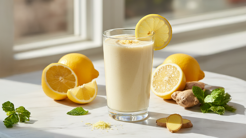Lemon ginger smoothie in a glass garnished with lemon slice, surrounded by fresh lemons and ginger.