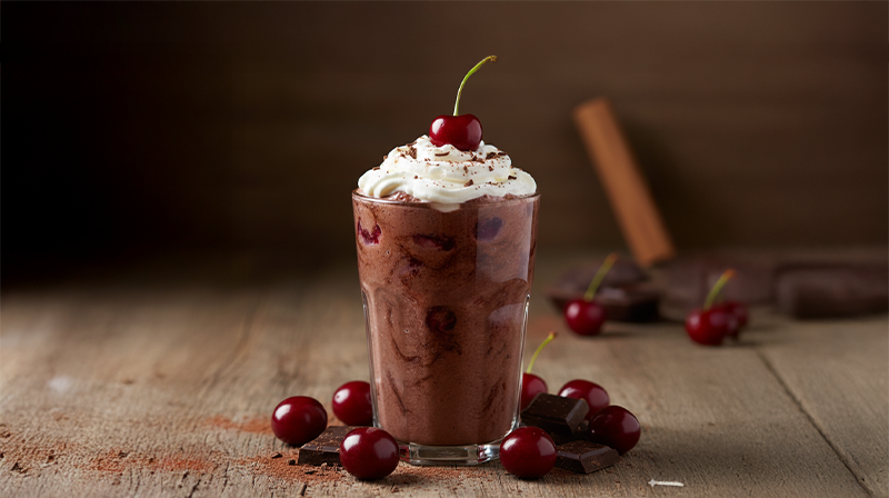 Chocolate cherry shake with whipped cream, topped with cherries and surrounded by chocolate pieces.