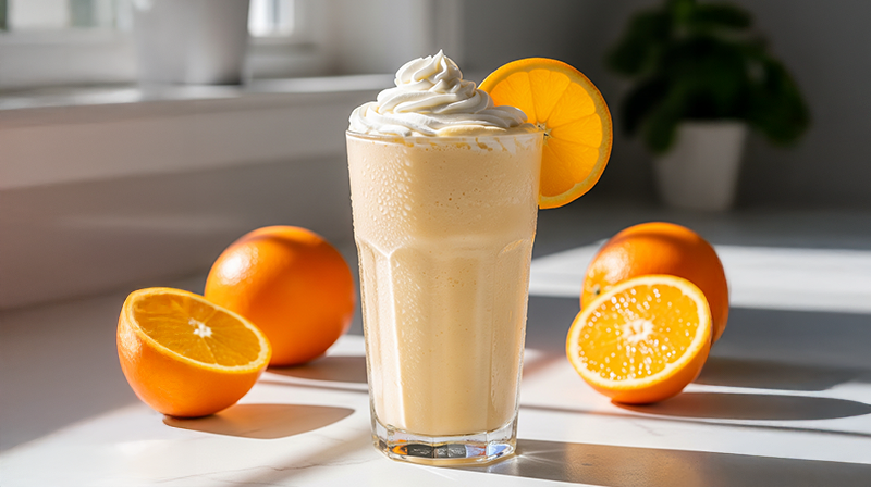 Orange shake with whipped cream and orange slice garnish, surrounded by fresh whole and cut oranges.