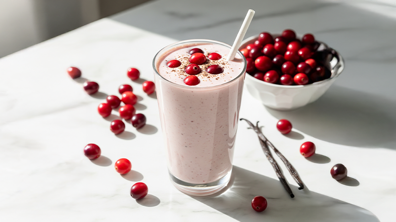 Vanilla cranberry smoothie topped with cranberries, served with fresh cranberries and vanilla beans.