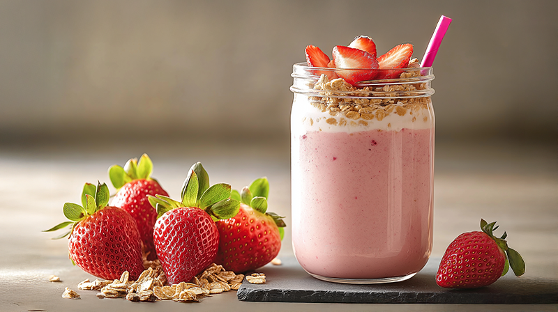Strawberry smoothie in a jar topped with granola and fresh slices, surrounded by whole strawberries.