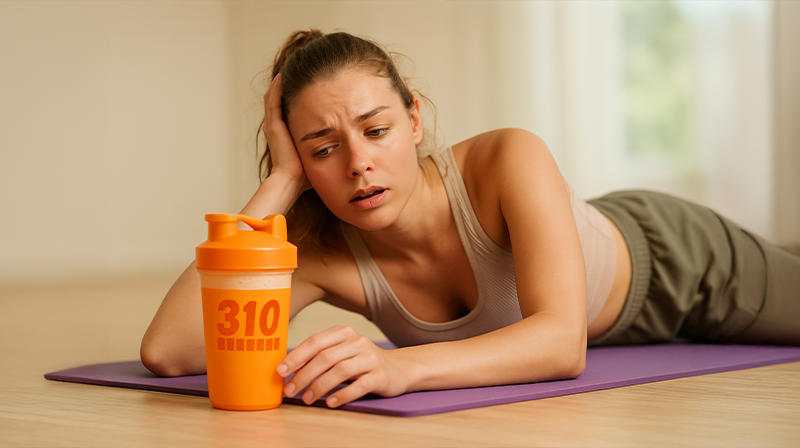 Tired woman lying on yoga mat reaching for 310 Hydrate after a tough workout session indoors