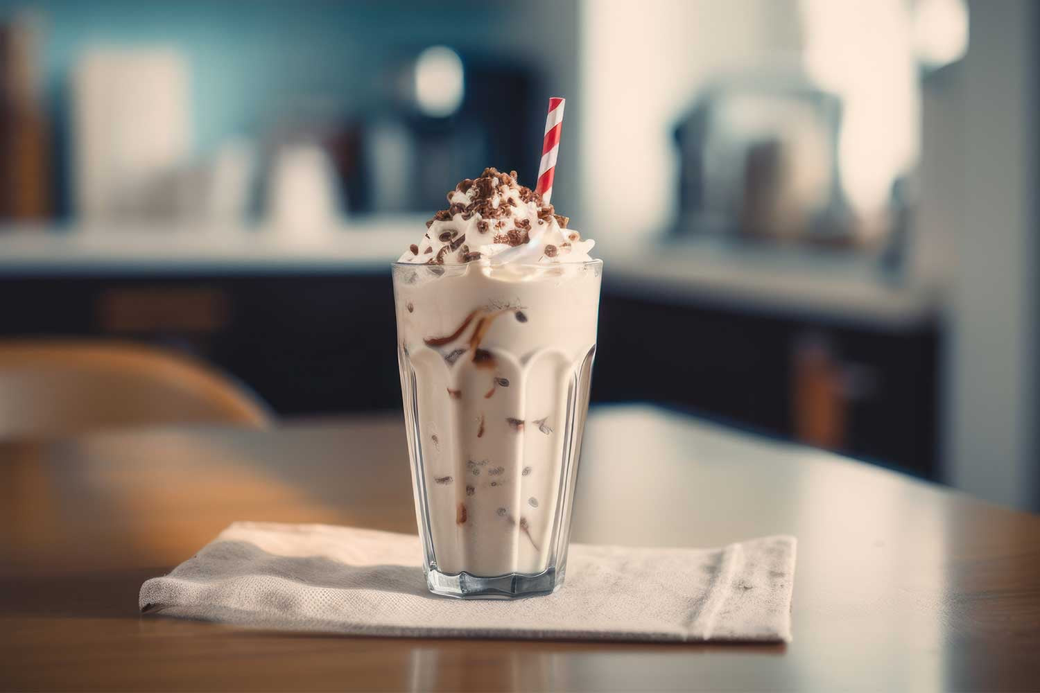 Vanilla protein shake with whipped cream and red straw on table in cafe. 
