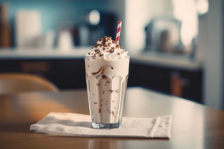Vanilla protein shake with whipped cream and red straw on table in cafe. 