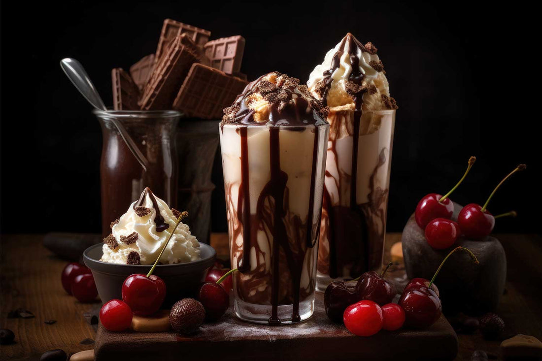 Chocolate protein shake with whipped cream and cherry.