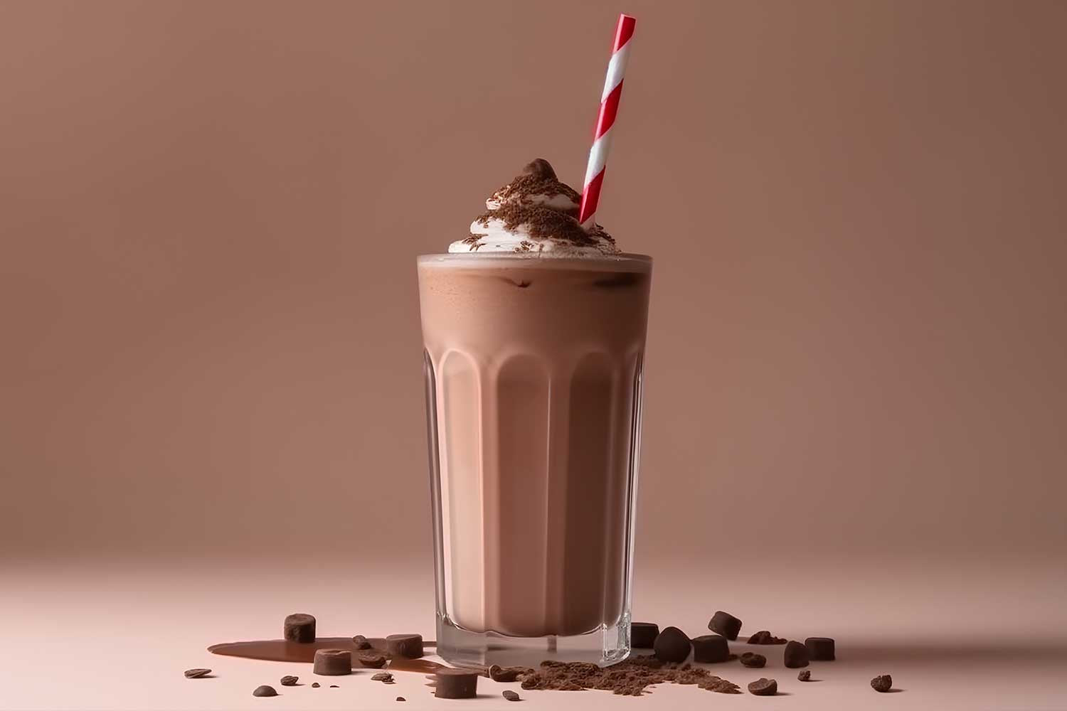 Glass of coffee protein shake with whipped cream and chocolate chips on brown background.
