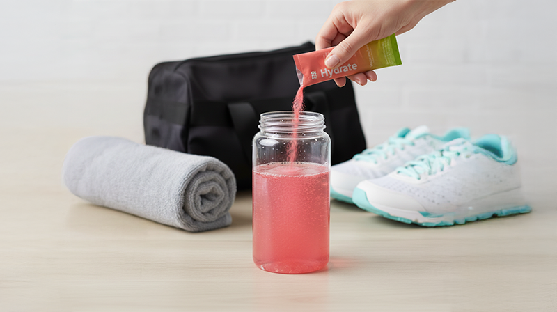 Watermelon electrolyte powder poured into a glass bottle with sneakers, a gym bag, and towel behind.