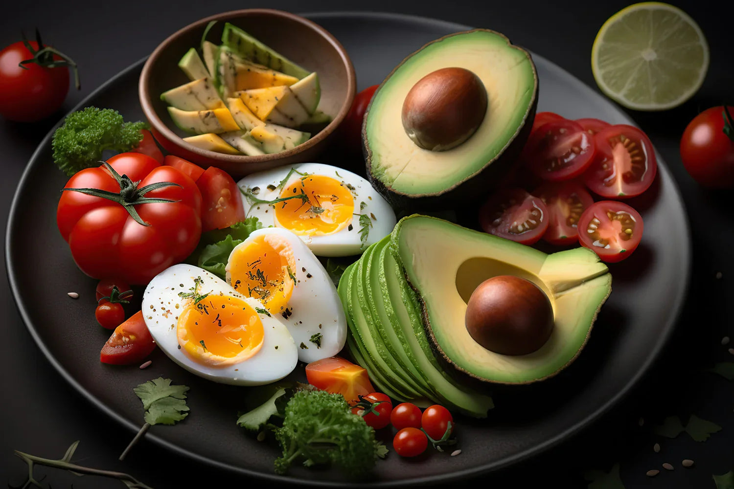 Very healthy food plate with avocados, tomatoes, eggs and other healthy food
