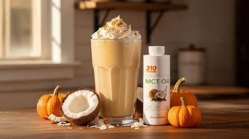 Pumpkin spice shake with whipped cream, surrounded by coconut, pumpkins, and a bottle of MCT oil.