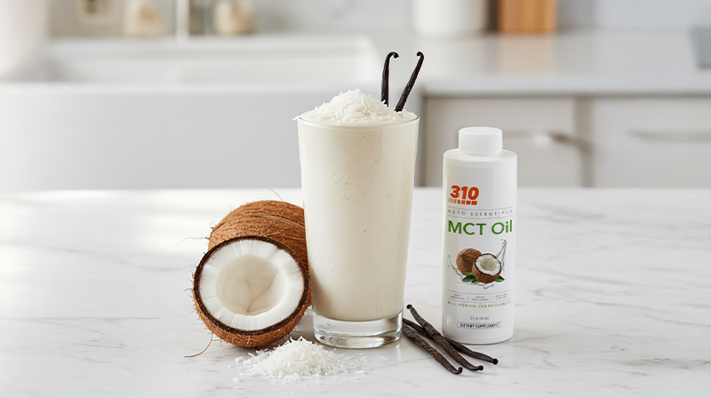 Coconut vanilla smoothie with shredded coconut, beside MCT oil, vanilla beans, and fresh coconut.
