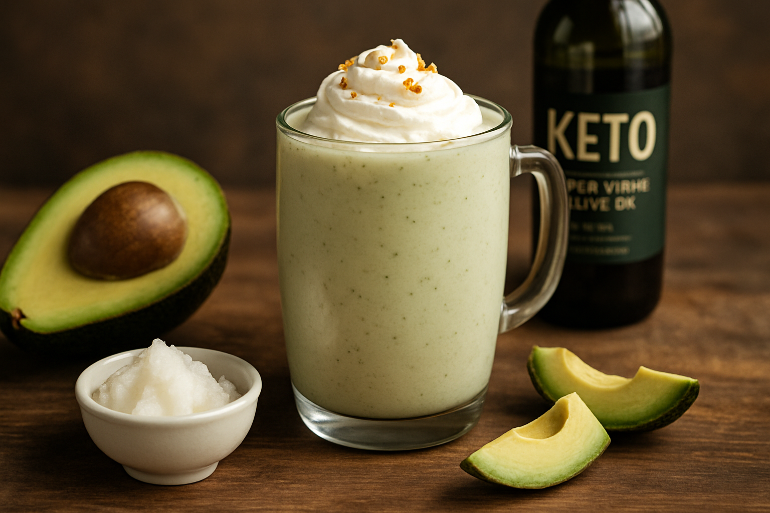 Creamy avocado protein shake made with 310 Nutrition and 310 Shake, topped with whipped cream.