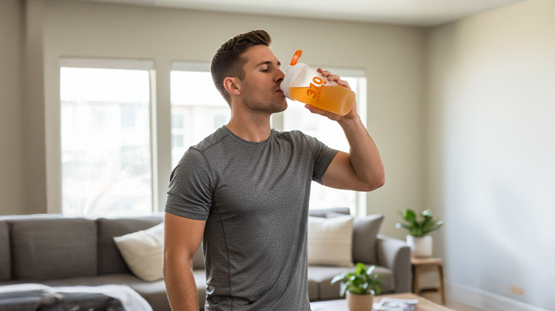 Man in athletic shirt drinking an orange 310 Nutrition shake from a shaker bottle at home.