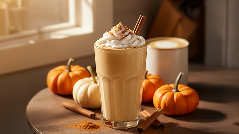 Pumpkin spice protein shake with whipped cream, cinnamon stick, and mini pumpkins on table.