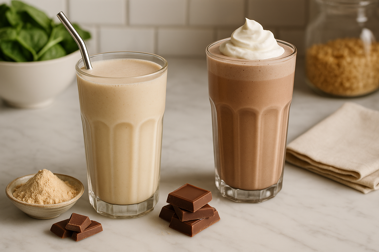 Vanilla and chocolate 310 Nutrition shakes made with 310 shake powder and topped with sweet extras.