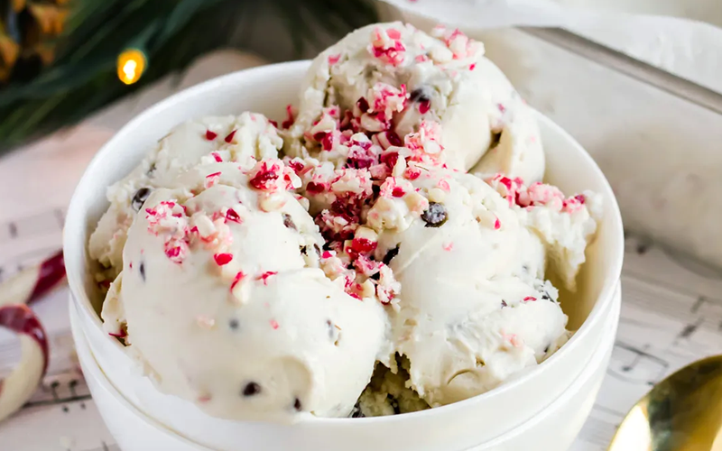 a bowl full of peppermint ice cream