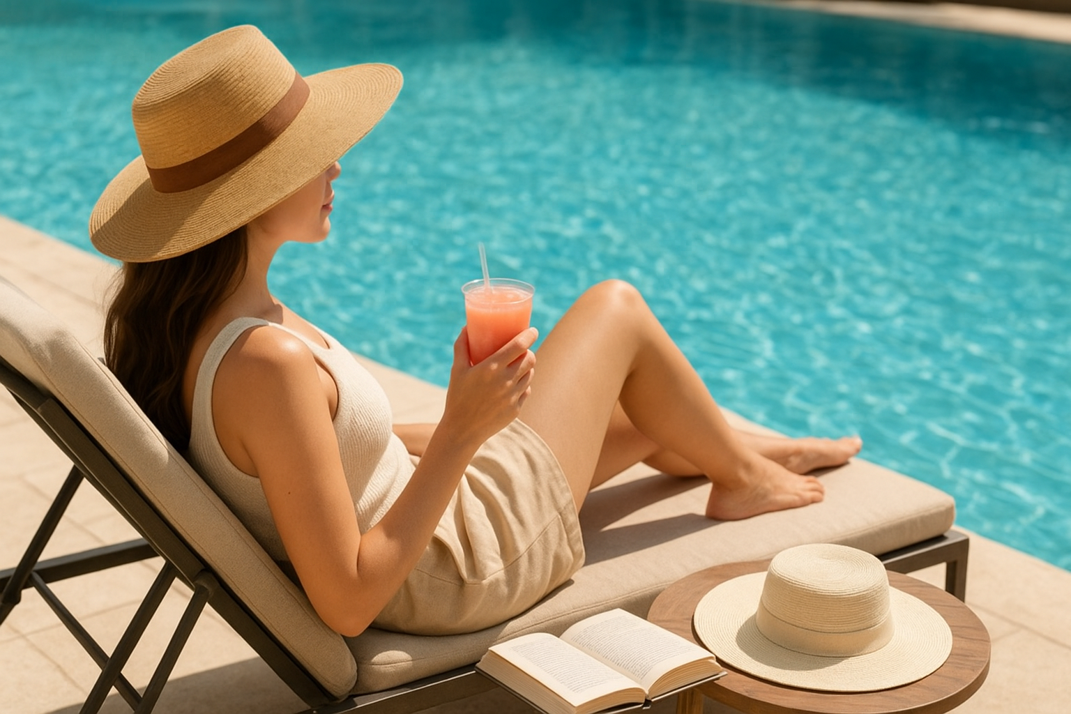 Woman relaxing on a poolside lounge chair with a hat, book, and refreshing pink drink in hand.