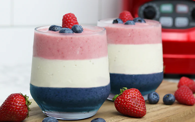 red, white and blue layered smoothie