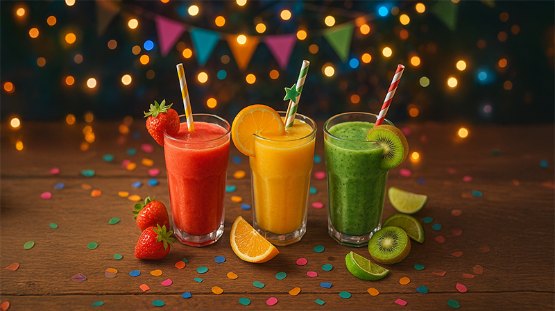 Colorful strawberry, orange, and kiwi smoothies with fruit garnishes at a festive party table.