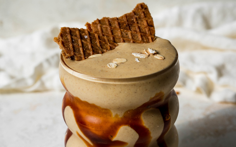 snickerdoodle cookie smoothie topped with caramel cookie