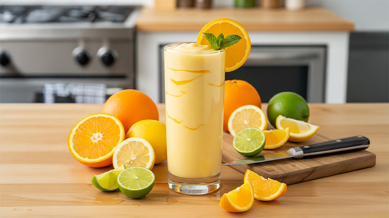 Citrus smoothie in glass with orange slice garnish, surrounded by fresh oranges, lemons, and limes.
