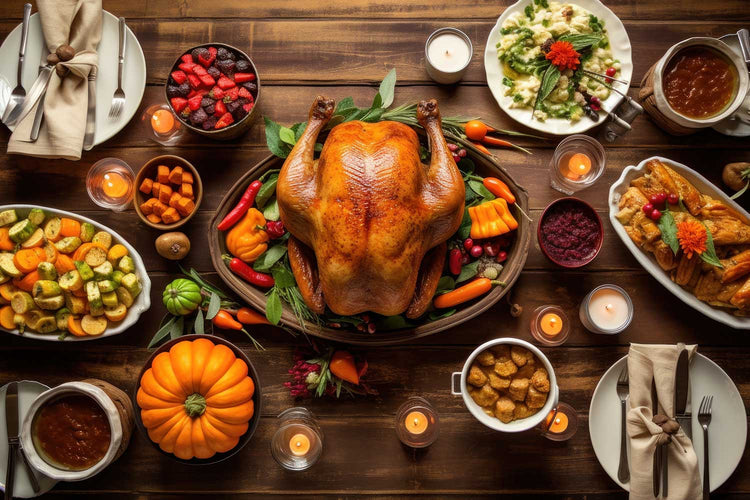 Roasted turkey with vegetables and herbs is a traditional dish for Thanksgiving