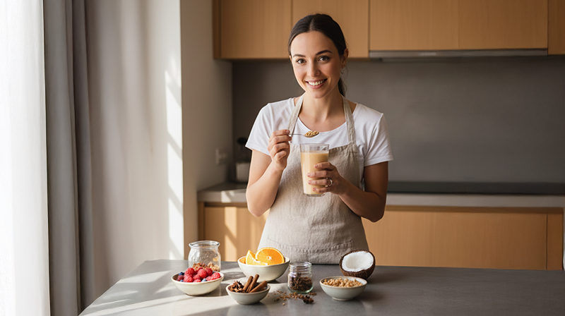 Smiling woman in apron holding smoothie with bowls of fruit, nuts, and spices on the counter.