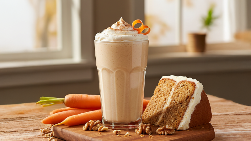 Carrot cake protein shake topped with whipped cream, served with carrot cake slice and walnuts.