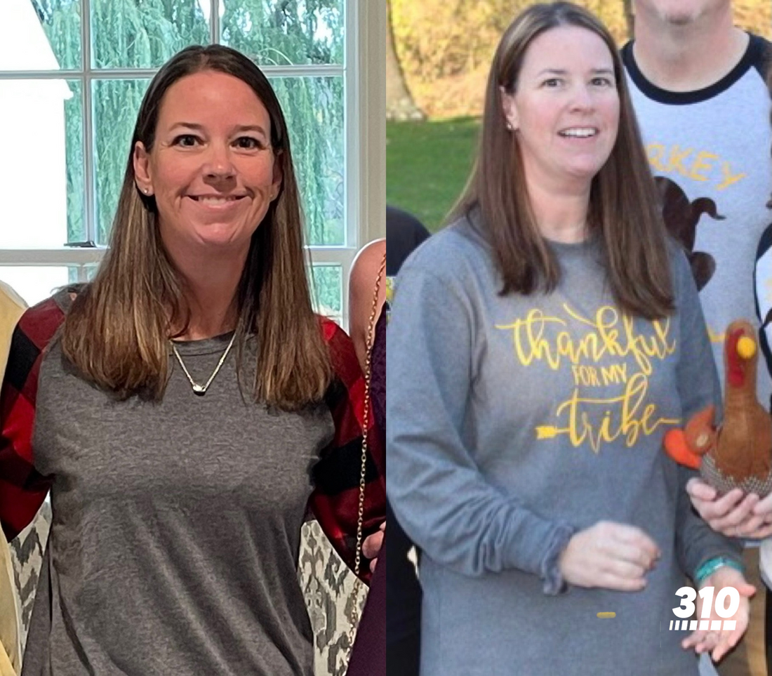Jen's weight loss progress comparison after losing 25 lbs