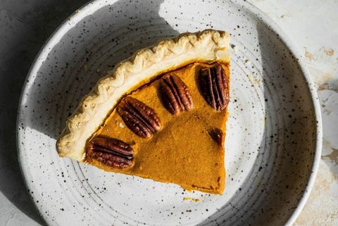 vegan pumpkin pie slice on a plate