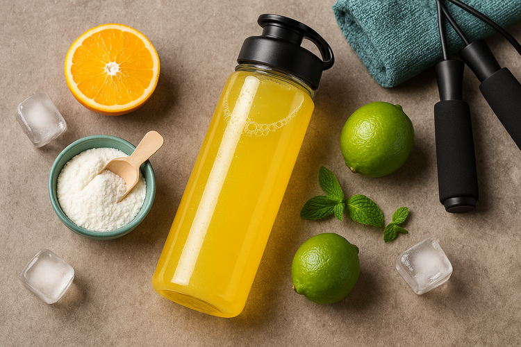 Citrus electrolyte drink with powder, lime, and ice for a refreshing, energizing hydration boost.