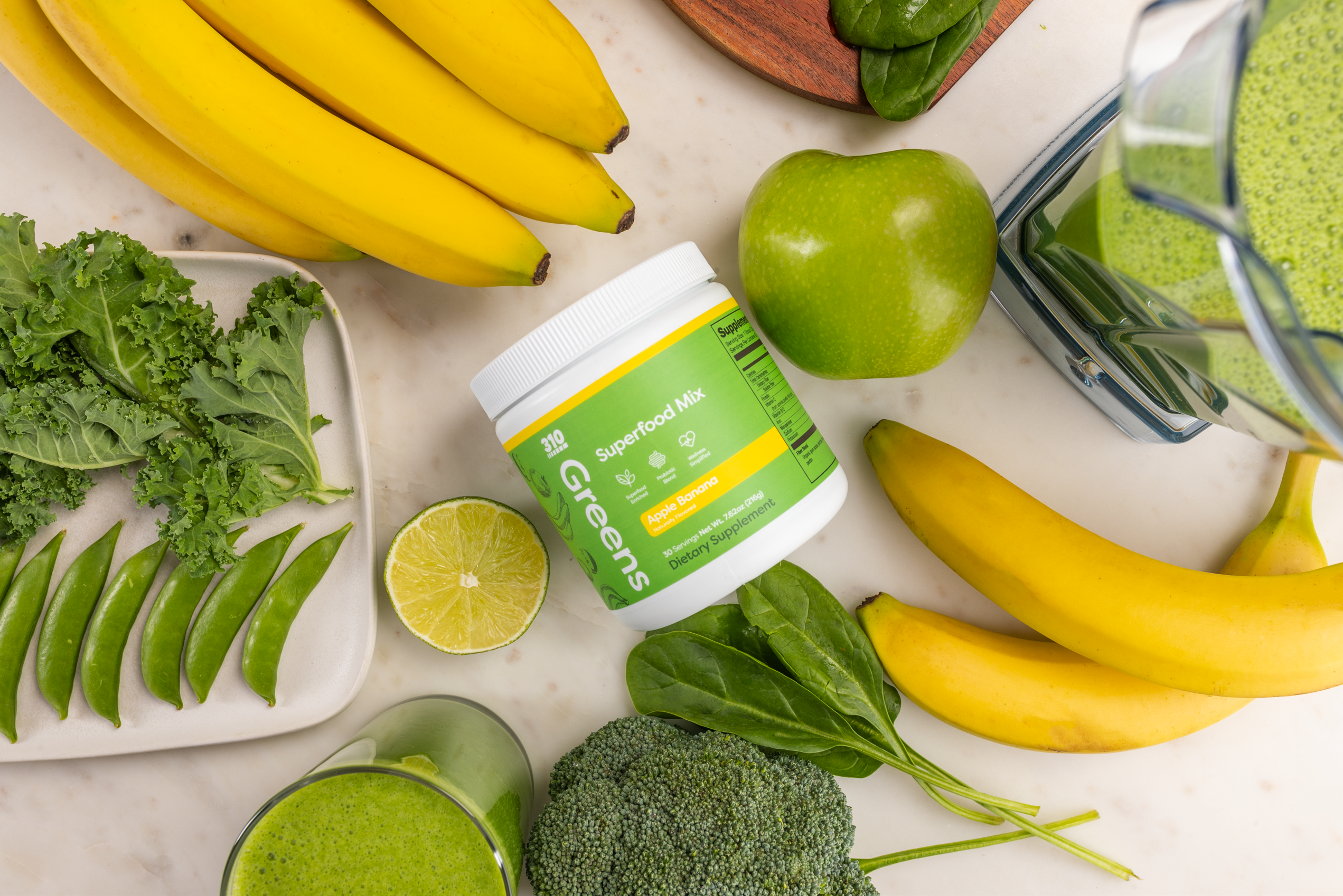 birds eye view of 310 greens, fresh fruits and vegetables