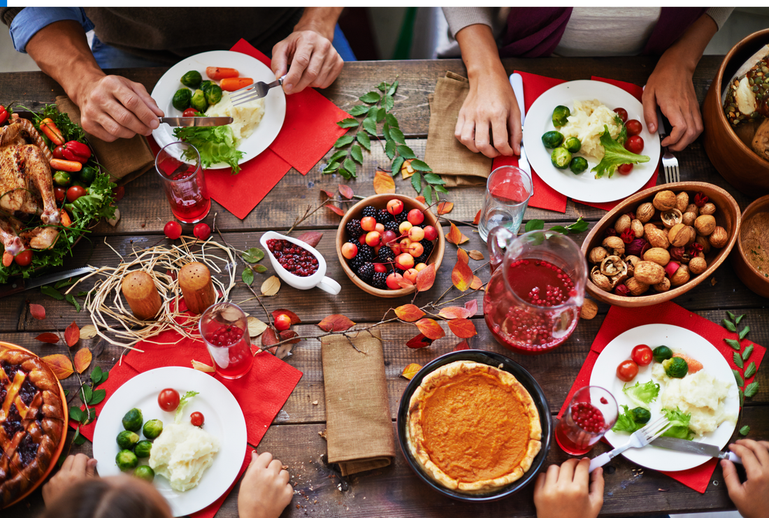 birds eye view of thanksgiving dinner spread