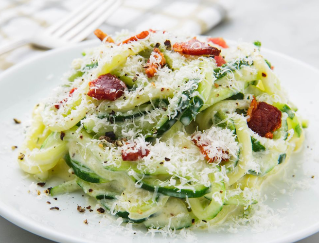 zoodle alfredo with bacon recipe, keto