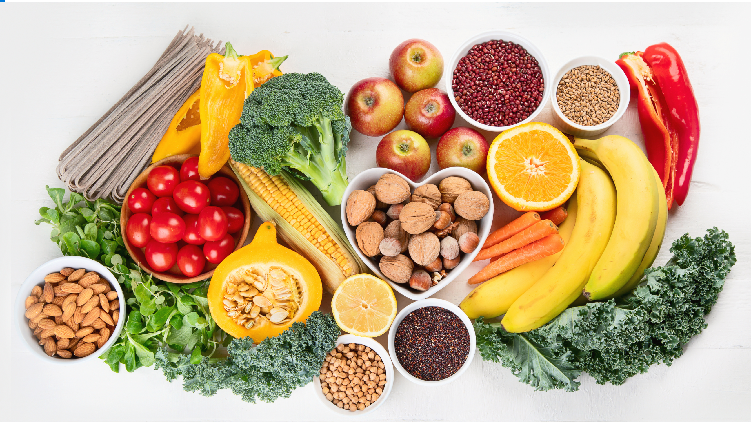 overhead shot of fruit vegetables nuts and seeds