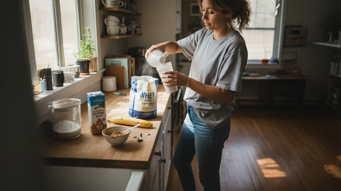Woman pouring milk into a shaker cup beside a kitchen countertop with whey protein, almond milk, a banana, and a bowl of fruits on top.