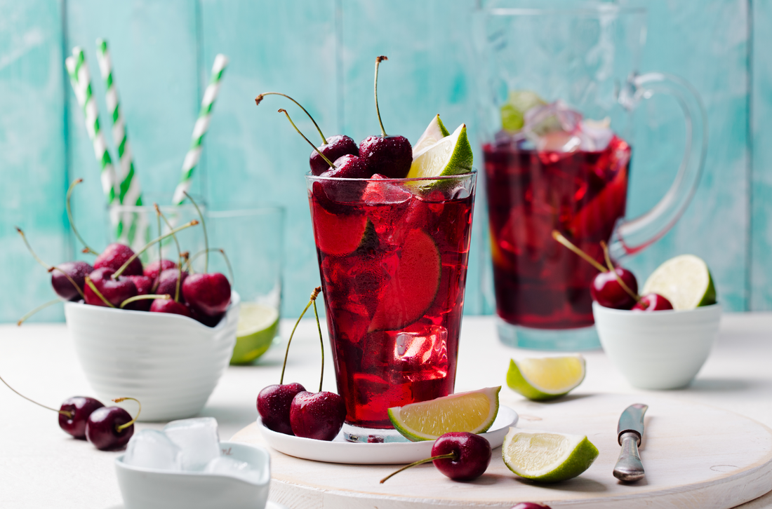 cherry lime greens hydrator with fresh cherries and limes