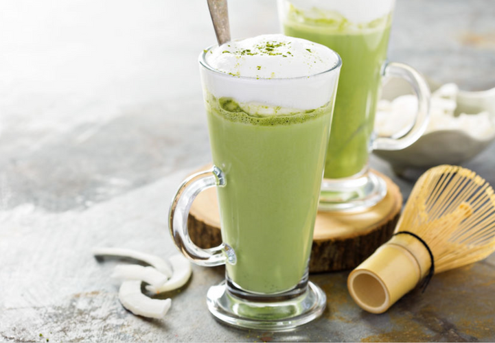 Matcha latte with coconut milk in tall glasses
