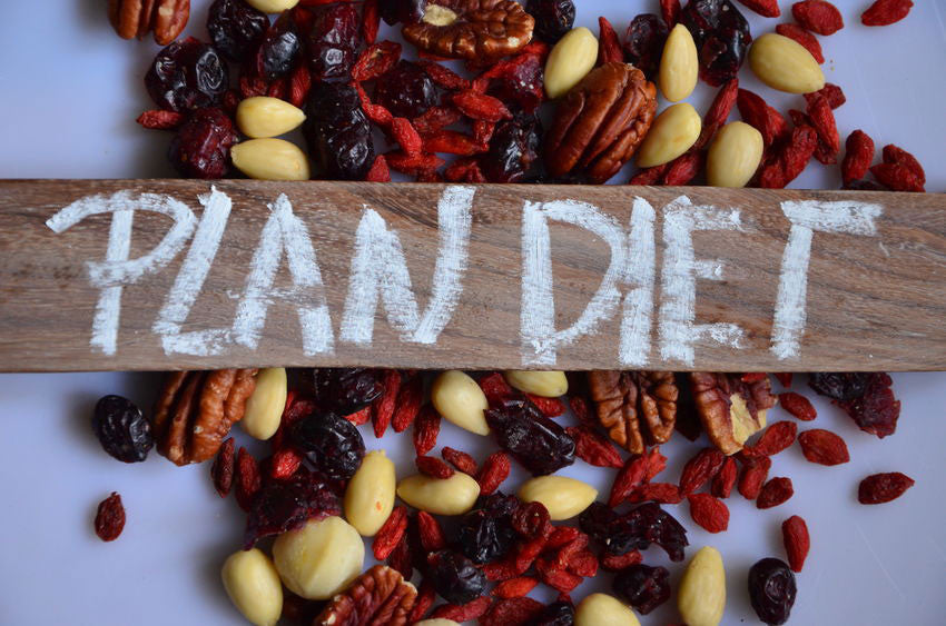 mixed nuts and dried fruits with plan diet text