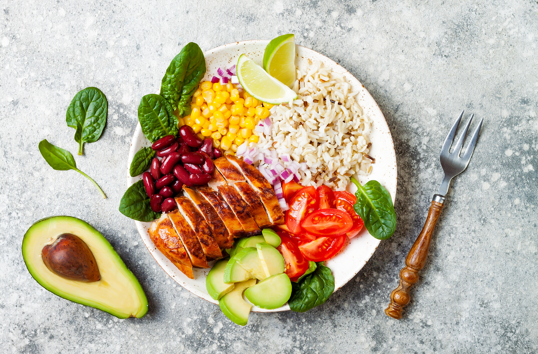 plate of healthy foods with chicken, rice and veggies