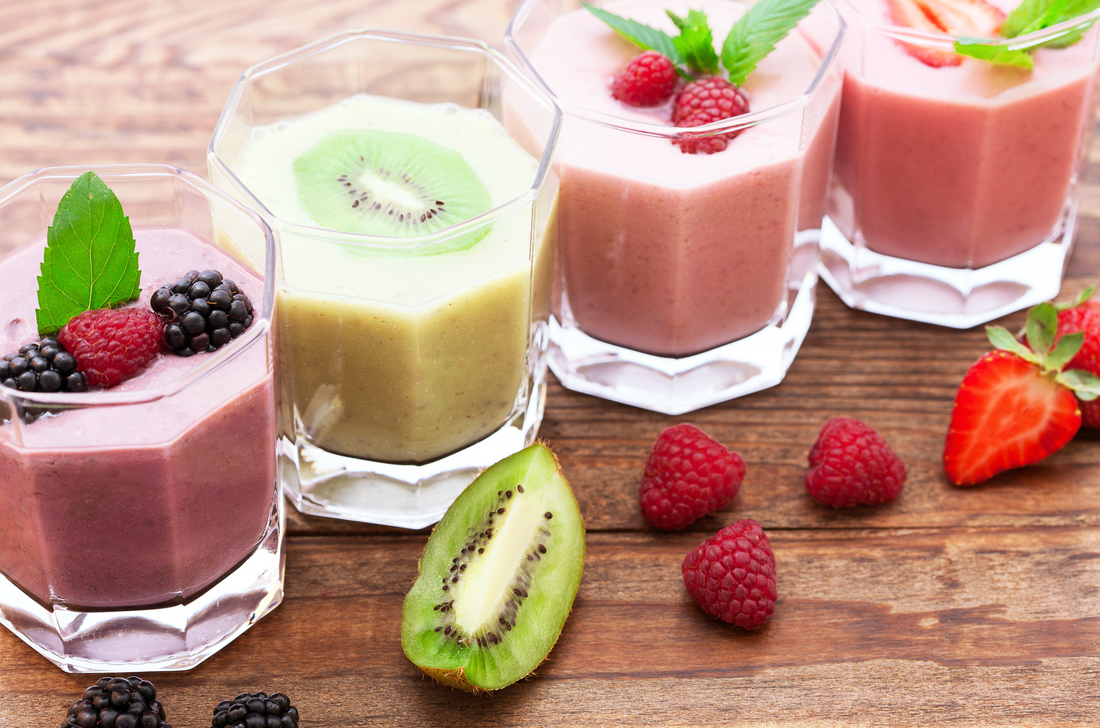 blueberry, kiwi, raspberry and strawberry flavored smoothies