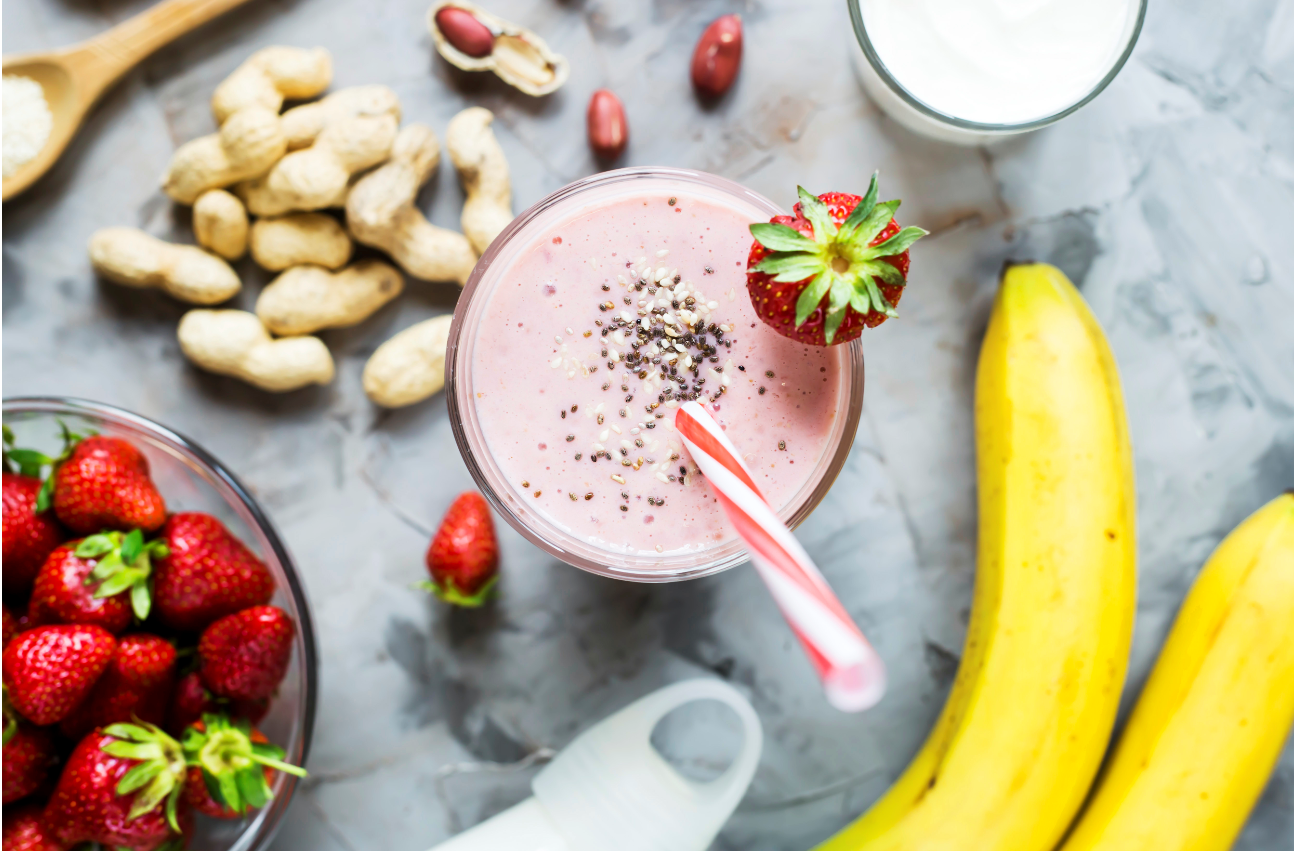 strawberries, bananas, milk, yogurt, chia seeds, sesame and peanuts
